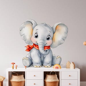 Cute Baby Elephant Wall Decal with Red Scarf – Nursery Safari Animal Art, Elephant Decor - Colorful Peel and Stick - Perfect Elephant Gift