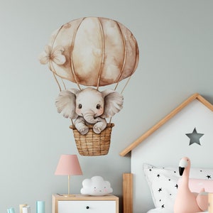 Removable wall decal, elephant sticker for nursery, hot air balloon decor, kids wall art, baby nursery watercolor art, baby shower gift