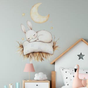 Watercolor bunny decal - Moon And stars Nursery decal, nursery bunny wall decor, animal decal, baby room decor, sleeping bunny decal