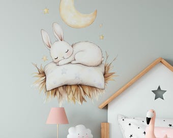 Aquarell Hase Wandtattoo: Mond & Sterne Kinderzimmer Dekoration