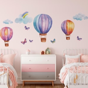 Retro Pink Hot Air Balloon Wall Decal, Nursery Hot Air Balloon Wall Decal, Nursery Wall Decal, Watercolor Hot Air Balloon Decal, Babyshower