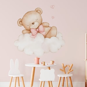 Cloud and Sleeping Teddy Bear Wall Decal – Dreamy Nursery Room Decor, baby room wall art, Hearts wall sticker, Watercolor nursery