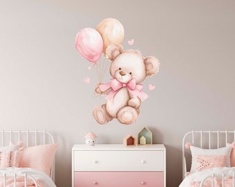 Teddybeer muurstickers voor kinderkamer decor, ballonnen muur decor voor baby meisjes kinderkamer, aangepaste stickers voor speelkamer, baby shower cadeau voor moeder