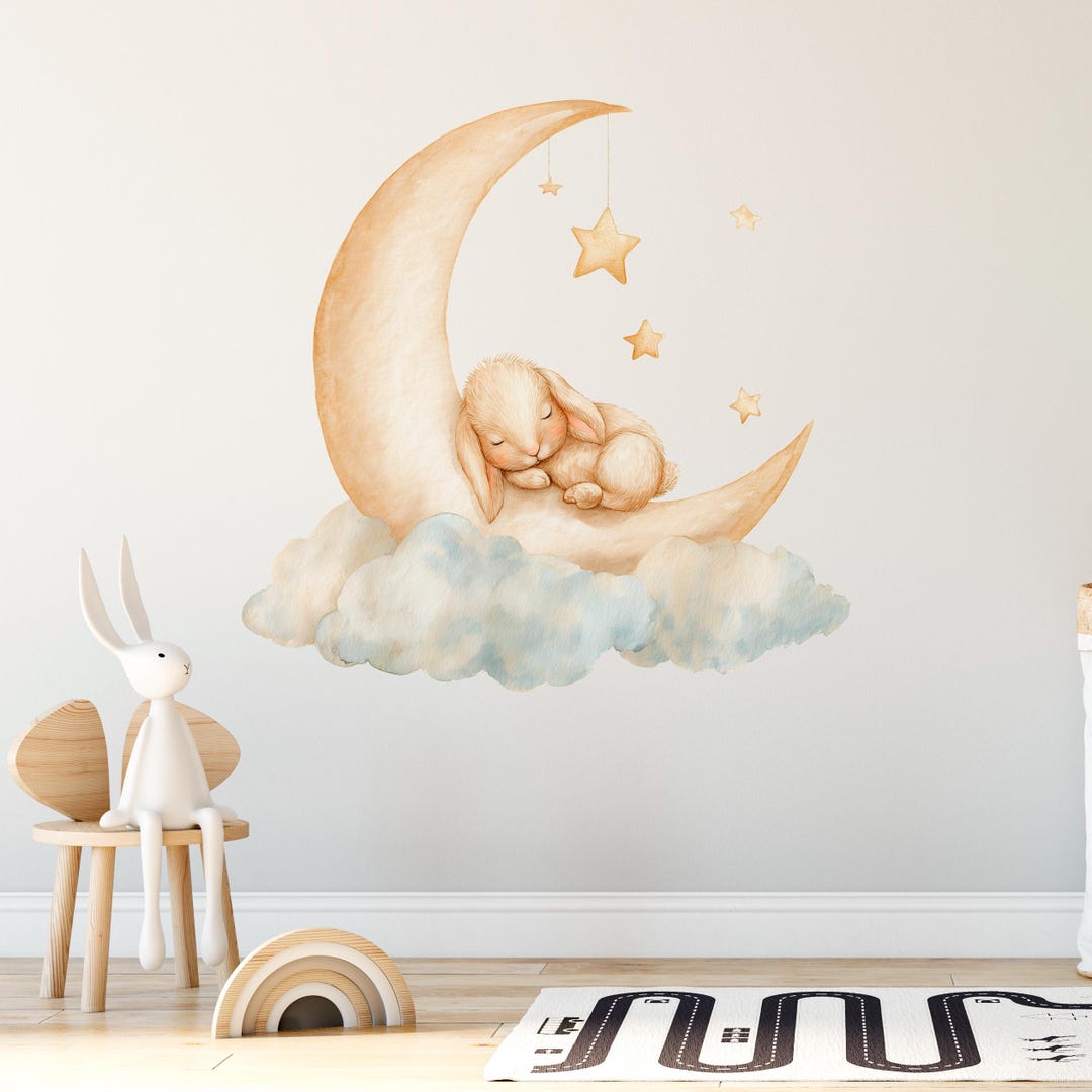 Baby Bunny Sleeping on Moon Nursery Wall Sticker - Peel and Stick Decor ...