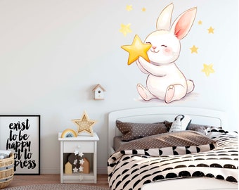 Bunny Wall Decals - Boho Wall Stickers, Wall Art For Kids Room Decor, Stars Wall Art, Baby Shower Gift For Her, Birthday Gift For Mom