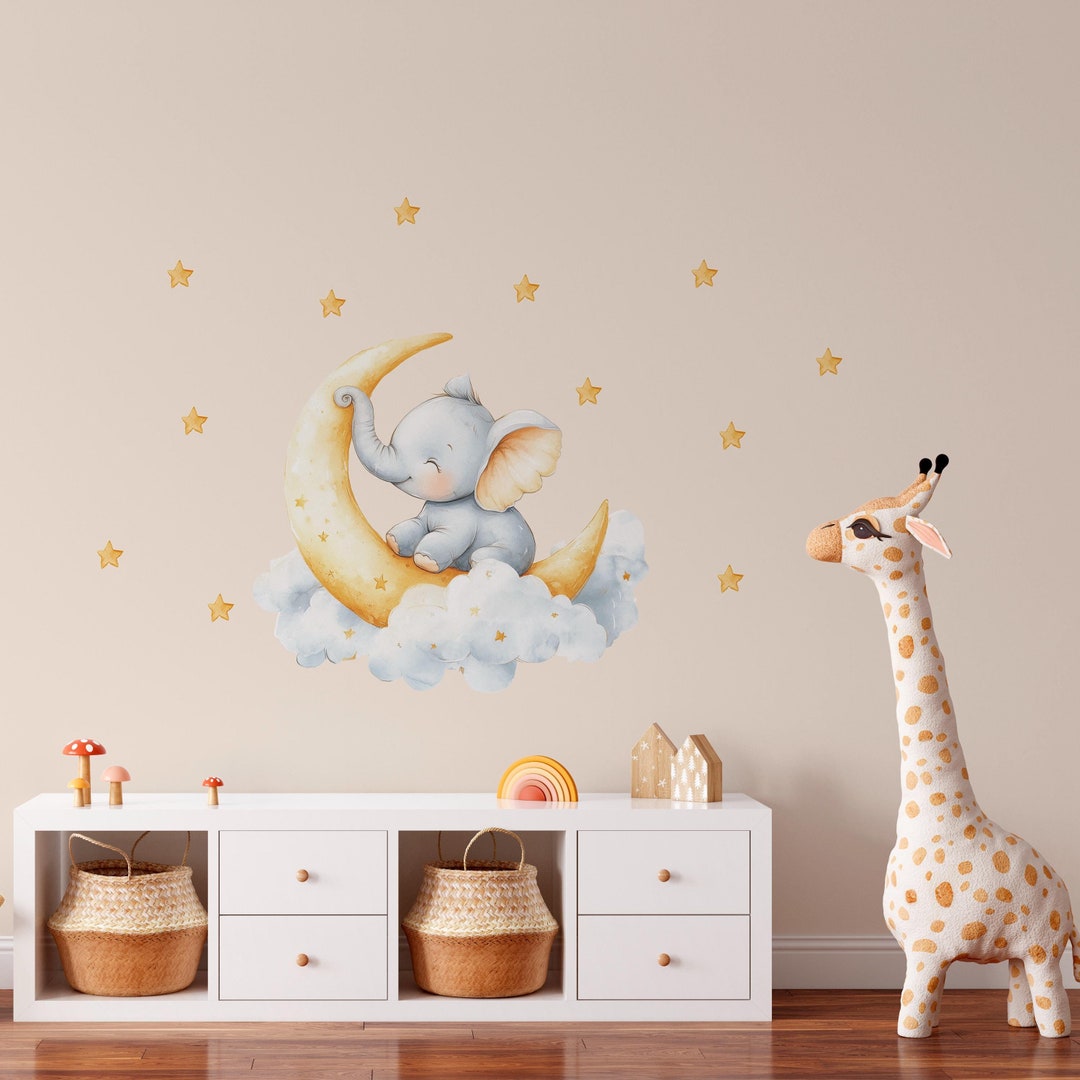 Elephant and the Moon - Cloud and Stars Nursery Decor - Vinyl Wall ...