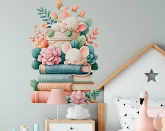 Books Wall Decals - Boho Nursery Kids Room Decals, Floral Sticker, Peel and Stick