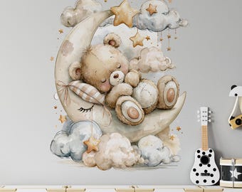 Teddy bear Wall Decal, Nursery Animal Kid Room Sticker, Clouds Peel and Stick Mural