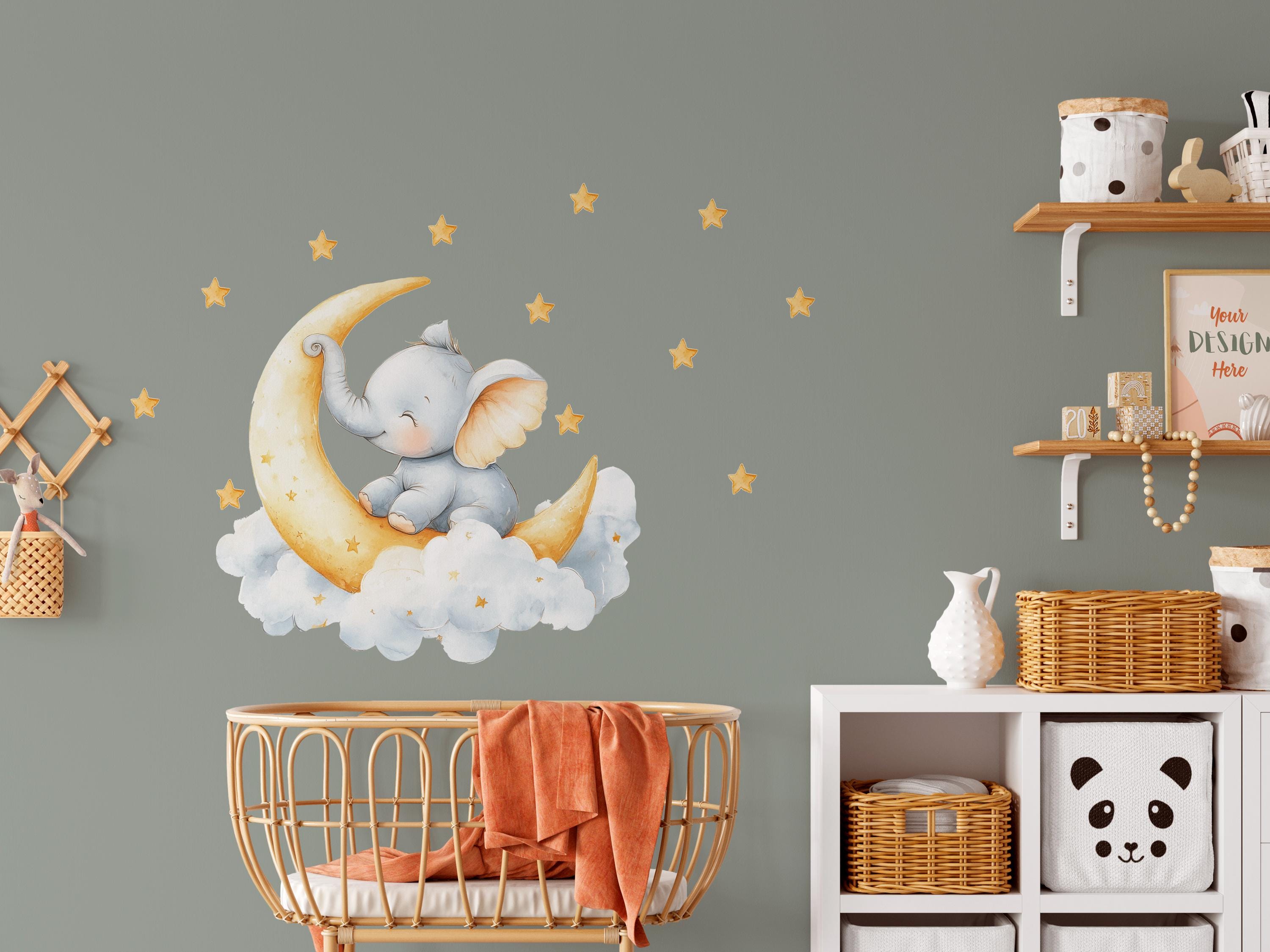 Elephant and the Moon - Cloud and Stars Nursery Decor - Vinyl Wall ...