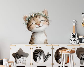 Cat Wall Decal - Flowers Removable Sticker, Kids Wall Decals, Boho Nursery Decal