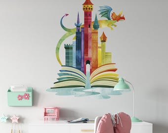 Book Wall Decals - Dragon Nursery Kids Room Decals, Library Sticker, Peel and Stick