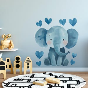 Watercolor Baby Elephant Wall Decal – Blue Safari Nursery Sticker with Hearts, Elephant Boho Decor - Colorful Peel and Stick Wall Art
