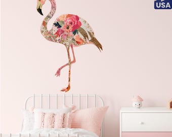 Flamingo Wall Sticker - Floral Peel and Stick, Removable Wall Art, Girl Nursery Decor