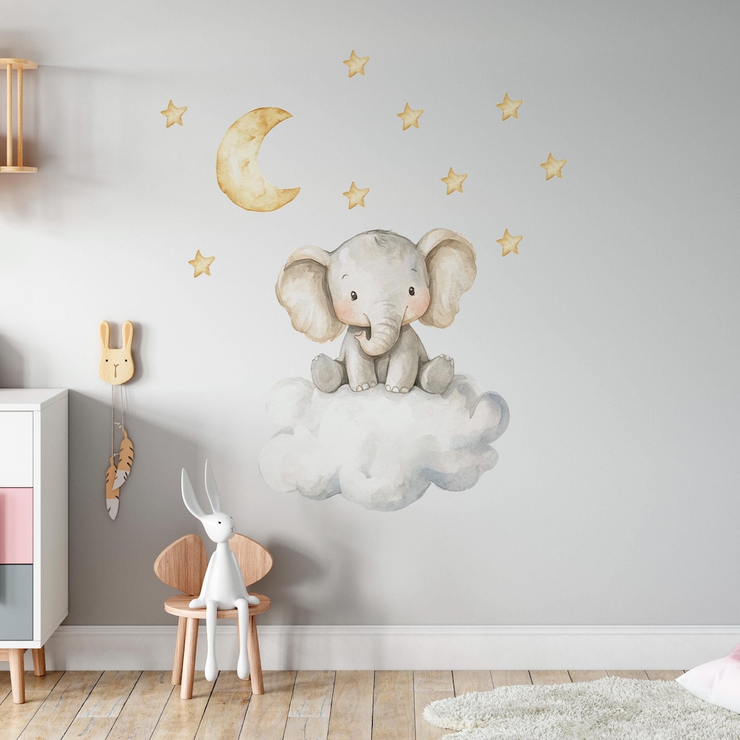 Elephant Wall Decal, Cloud and Stars Wall Decor for Nursery, Custom ...