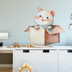 Watercolor Cat in a box Wall Decals – Cute Kitten Stickers for Nursery or Kids Room, Animal Decals, Kids Room Decor, Animal Lover Gift