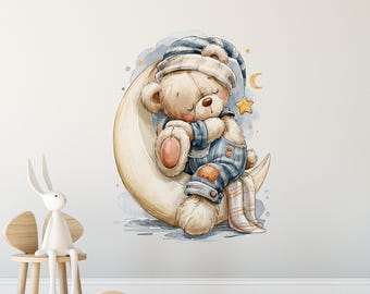 Teddy Bear Moon Nursery Wall Decal – Boho Kids Room Mural (Peel & Stick)