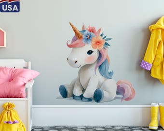 Watercolor Unicorn Flower Wall Decal - Girls Nursery Decor