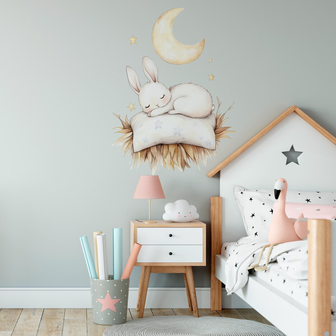 Watercolor Bunny Wall Decal: Moon & Stars Nursery Decor - Etsy