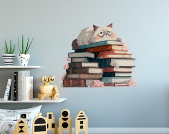 Cat sleeping on books wall Art - Kids Room Wall Decal - Nursery Gift