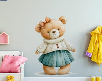 Teddy bear Wall Decal, Nursery Animal Kid Room Sticker, Woodland Peel and Stick Mural