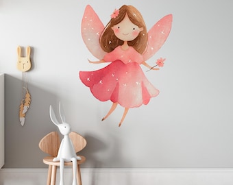 Pink Fairy Wall Decal – Watercolor Girl with Wings and Flower for Kids Room or Nursery, Peel and Stick Removable wall Stickers