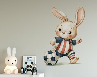Bunny Playing Football Wall Decal, Nursery Animal Kid Room Sticker, Sport Peel Stick Mural
