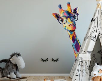 Colorful Giraffe Wall Decal with Glasses – Fun Kids Room Decor - Safari Animal - Watercolor Sticker - Nursery Boy Girl Home Decoration