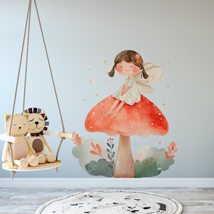 Fairy Wall Decal for Girls – Whimsical Nursery Sticker with Toadstool, Wings, and Flowers – Wall Art or Baby Girl’s Room, Kids Wall Decals