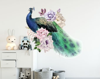 peacock Decals, Floral Decals, peacock Stickers, Watercolor Decal, Peacock Decor, Wall Decor, Wall Decals, Gift for Her