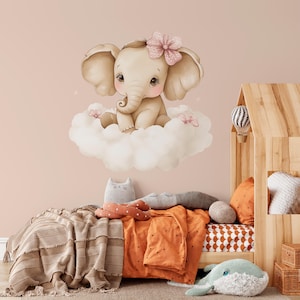 Elephant nursery decal, nursery clouds and elephant wall decor, safari decal, baby room flower decor, sleeping elephant decal