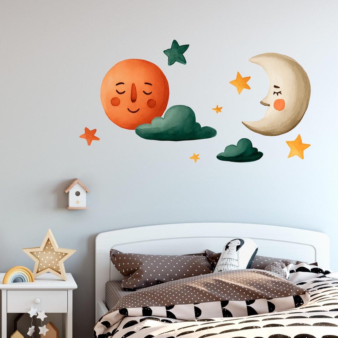 Moon and Stars Wall Sticker, Moon Wall Sticker, Star Wall Decals - Peel ...