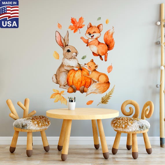 Autocollant mural personnalisable pour chambre d'enfant Motif cerf et lapins de la forêt DD010