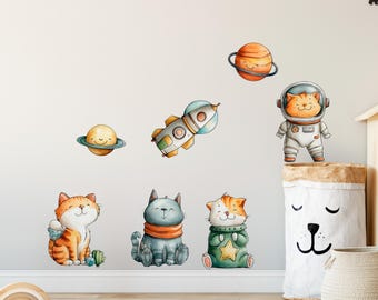Adesivos de parede com gatos em aquarela no espaço: decoração de berçário com foguete de astronauta