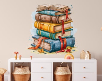 Books Wall Decals - Boho Nursery Kids Room Decals, School Sticker, Peel and Stick