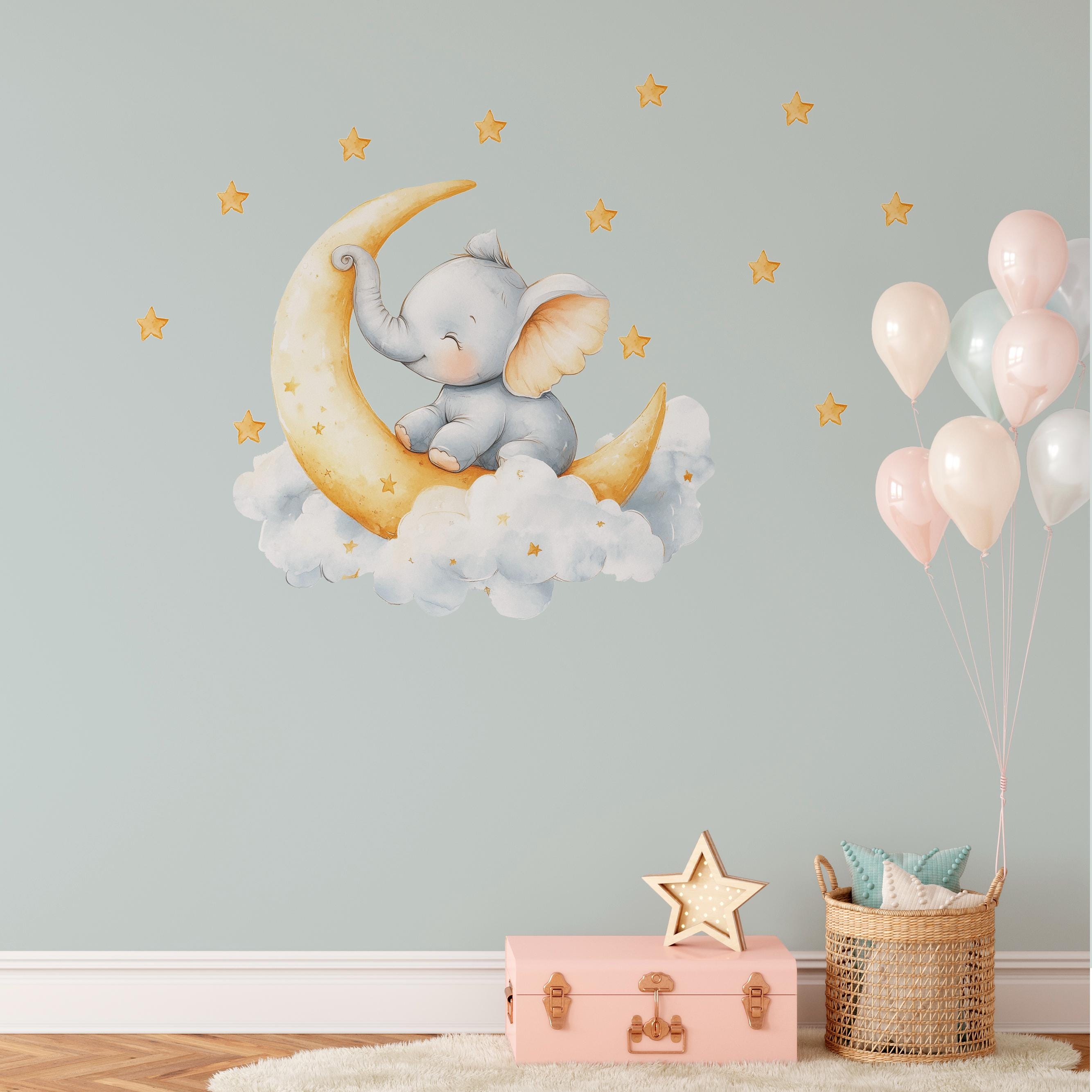 Elephant and the Moon - Cloud and Stars Nursery Decor - Vinyl Wall ...