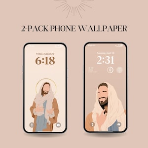 May include: Two phone wallpapers featuring a minimalist illustration of Jesus. The image shows Jesus with a halo, wearing a white shawl and brown robe. The text "2-PACK PHONE WALLPAPER" is at the top.