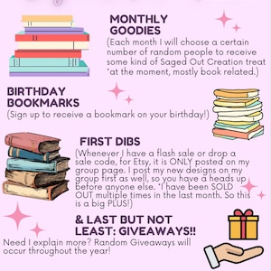 May include: A pink graphic with text listing reasons to join Saged Out Creations, including monthly goodies, birthday bookmarks, first dibs on sales, and giveaways. The image includes illustrations of books and a gift box.