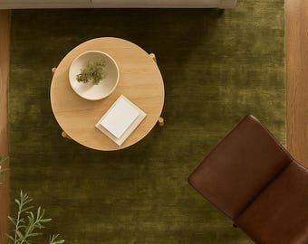 Handloom Wool Rug olive moss green heathered solid area rug soft hand-sheared low pile and natural texture; modern minimalist plain carpet