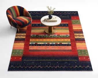 Hand Knotted Lori Gabbeh Rug, Colorful Stripe Tribal Area Rug, Boho Modern Persian Inspired Carpet, Dark Navy & Red Rug handmade living room