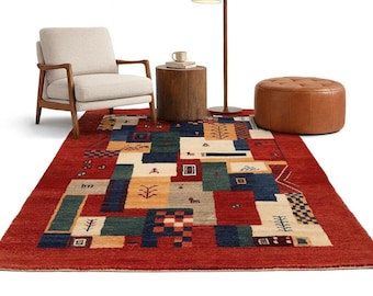 Hand Knotted Lori Gabbeh Rug, Patchwork Persian Tribal Area Rug, Red Border Boho Wool Rug, Modern Rustic Living Room Rug, Custom Size