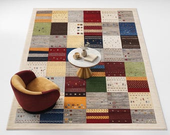 Hand Knotted Lori Gabbeh Rug, Patchwork Color Block Wool Area Boho Persian Tribal Carpet, Modern Eclectic Decor, Custom Size Living room
