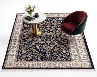 Hand Knotted Nain Rug, Navy Ivory Persian Floral Area Rug, Traditional Medallion Design, Custom Size Wool Rug for Living Room Bedroom