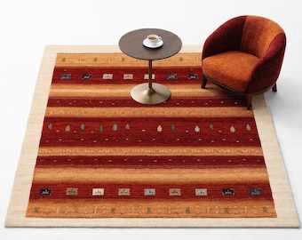 Hand Knotted Lori Gabbeh Rug, Red Striped Tribal Wool Area Rug, Persian Style Boho Carpet, Rustic Farmhouse Decor, Custom Size living room