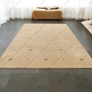 Handloom Gabbeh loom two line Beige color Wool Rug Handwoven, hand knotted high pile Rug traditional weave Rug Bohemian Rug  Custom Rugs