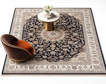 Hand Knotted Nain Rug, Navy Ivory Persian Floral Area Rug, Traditional Medallion Design, Custom Size Wool Rug for Living Room Bedroom