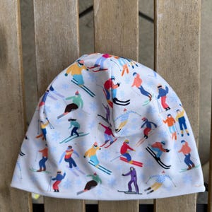 Skiers Running Beanie, Hat with Ski Pattern, Winter Activities Hat, Cute Christmas Beanie