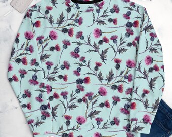 Thistles Sweatshirt, Blue Floral Sweater, Gift for Gardener, Unisex Floral Sweatshirt