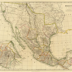 Puede incluir: Mapa antiguo de México, con detalles geográficos, incluyendo Estados Unidos y el Golfo de México. El mapa tiene un fondo beige con líneas negras y de colores, y texto en negro.