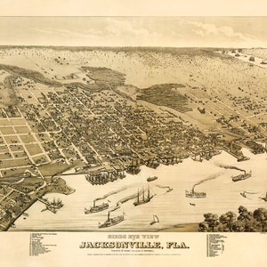Może przedstawiać: Mapa Jacksonville na Florydzie w odcieniach sepii, z widokiem z lotu ptaka, przedstawiająca układ miasta, rzekę i statki. Mapa zawiera tekst "Birds Eye View Jacksonville, Fla." oraz listę zabytków.