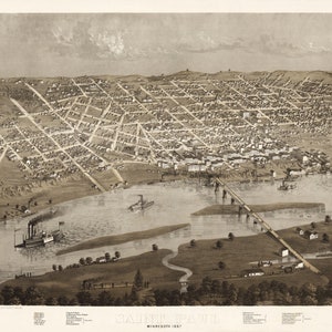 May include: An antique sepia-toned map of Saint Paul, Minnesota, from 1867. The detailed illustration shows the city's layout, the Mississippi River, and steamboats. The title "Saint Paul" is at the bottom, with additional text detailing the map's creators.